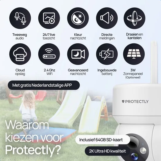 Protectly® Beveiligingscamera Draadloos Buiten – 2K Ultra HD - Camerabewaking - Bewakingscamera Voor Buiten - Buitencamera - Buiten Camera Met Nachtzicht - Oplaadbaar - Met WiFi en APP - Incl. 64GB SD - afbeelding 2