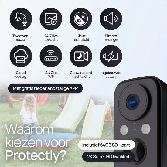 Protectly® Beveiligingscamera Draadloos Buiten – 2K HD 3MP - Bewakingscamera Voor Buiten - Buitencamera - Buiten Camera Met Nachtzicht - Security Camera - Oplaadbaar - Met WiFi en APP - Incl. 64GB SD - Zonnepaneel Optioneel - Zwart - afbeelding 2