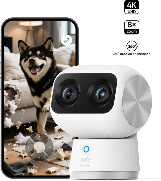 eufy Security S350 Binnencamera – Indoorcam - Huisdiercamera met app - Petcam, 4K UHD-resolutie, Dual-Cam met 8× hybride zoom, 360° pan en tilt, AI-tracking, compatibel met Alexa en Google Assistant - afbeelding 4