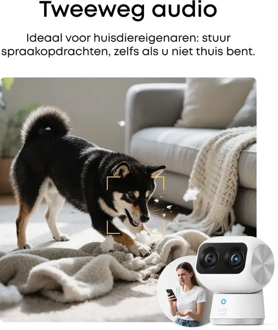 eufy Security S350 Binnencamera – Indoorcam - Huisdiercamera met app - Petcam, 4K UHD-resolutie, Dual-Cam met 8× hybride zoom, 360° pan en tilt, AI-tracking, compatibel met Alexa en Google Assistant - afbeelding 5