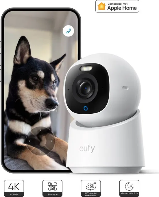 eufy Security Indoor camera E30 – Indoor Cam - Huisdiercamera met app - Petcam; 4K UHD – Pan & Tilt – AI Mens- en Huisdierdetectie – Kleurennachtzicht – Compatibel met Apple HomeKit – Tweewegcommunicatie – Lokale Opslag – Geen Abonnementskosten