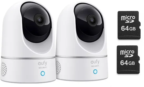 2x eufy Security Binnencamera 2K Pan & Tilt - Indoor Cam + 2x MicroSDXC 64GB - Bundelvoordeel