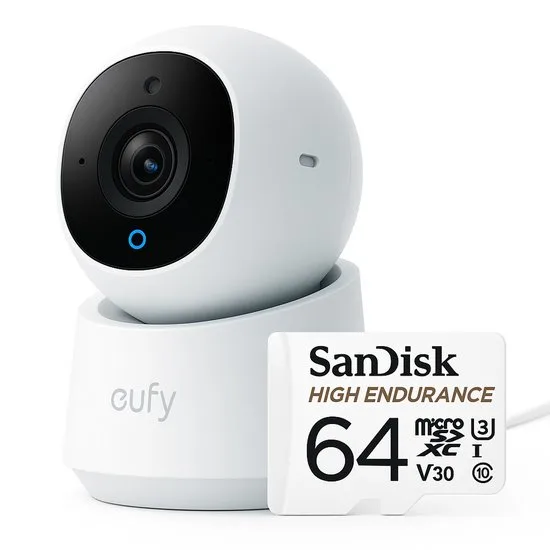 eufy Security Indoor camera E30 – Indoor Cam - 4K UHD – Pan & Tilt – AI Mens- en Huisdierdetectie – Kleurennachtzicht – Tweewegcommunicatie – Lokale Opslag + SanDisk High Endurance MicroSD Card 64GB, Tot 5.000 Uur Opnemen, Full HD En 4K