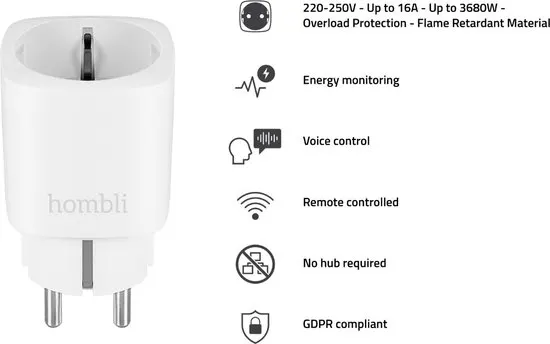 Hombli Slimme Stekker - Smart Plug met App Bediening - Wifi Stopcontact - Tijdschakelaar voor binnen - Energiemeter - Compitabel met Amazon Alexa en Google Home - 3 stuks - Wit - afbeelding 4