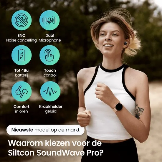 Siltcon® SoundWave Pro Sport - Volledig Draadloze Oordopjes – Oortjes Draadloos – Oordopjes – Oortjes - Bluetooth Oordopjes - Noise cancelling - Universeel - BT 5.3 - 48u op 1 lading - Blijven altijd zitten - Zwart - afbeelding 5