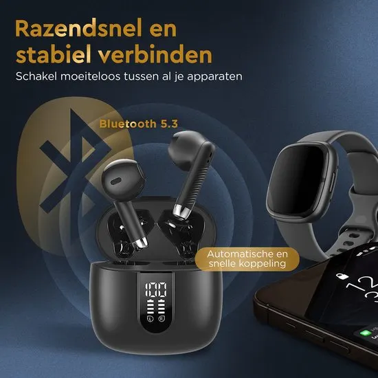 Golden Sound Oortjes draadloos - Draadloze oordopjes - Oortjes - Bluetooth oordopjes - 30 uur batterijduur - Earpods - Led Display - Noise Cancelling - Zwart - afbeelding 3