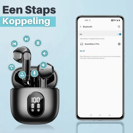Soundtrex X-Pro Draadloze oordopjes - Bluetooth Oordopjes - Oortjes draadloos - Earpods - LED Display - Bluetooth 5.3 - Zwart - afbeelding 4