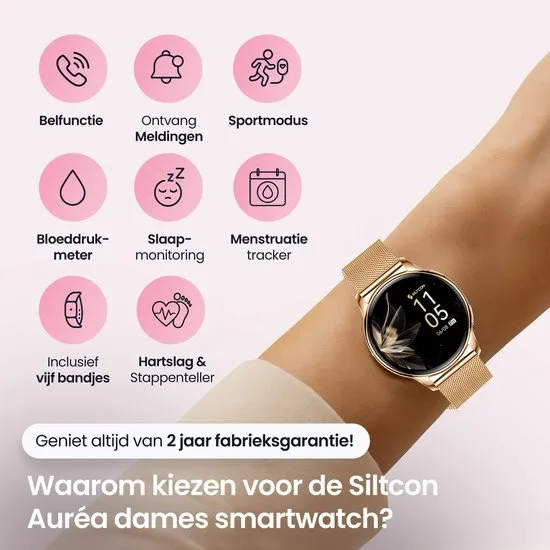 Siltcon® Auréa Smartwatch Dames - Horloge Dames - Stappenteller Horloge Dames - Hartslagmeter - Slaapmonitor - Saturatiemeter - Geschikt voor iOS/Android - AMOLED - RVS - Elke pols - Incl. 5 Bandjes - afbeelding 3