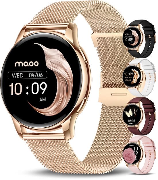 Maoo Ventura AMOLED Smartwatch Dames - RVS en 4x Siliconen Bandje - Stappenteller - Hartslagmeter - Slaapmonitor - Multisport - Geschikt voor Android en iOS - Rosé Goud en Roze