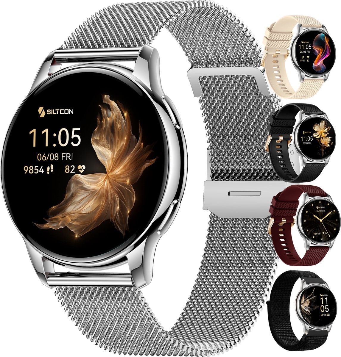 Siltcon® Auréa Smartwatch Dames & Heren - Horloge Dames - Stappenteller Horloge Dames - Hartslagmeter - Slaapmonitor - Saturatiemeter - Geschikt voor iOS/Android - AMOLED - RVS - Elke pols - Incl. 5 Bandjes - afbeelding 3