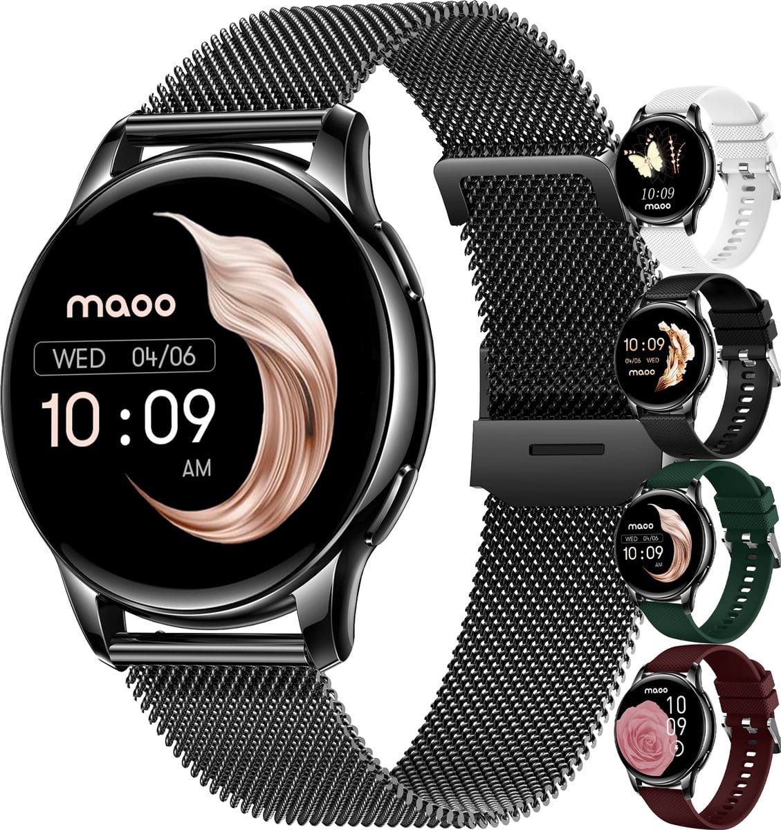 Maoo Ventura AMOLED Smartwatch Dames - RVS en 4x Siliconen Bandje - Stappenteller - Hartslagmeter - Slaapmonitor - Multisport - Geschikt voor Android en iOS - Rosé Goud en Roze - afbeelding 2