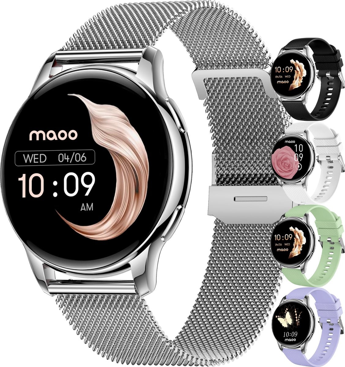 Maoo Ventura AMOLED Smartwatch Dames - RVS en 4x Siliconen Bandje - Stappenteller - Hartslagmeter - Slaapmonitor - Multisport - Geschikt voor Android en iOS - Rosé Goud en Roze - afbeelding 3