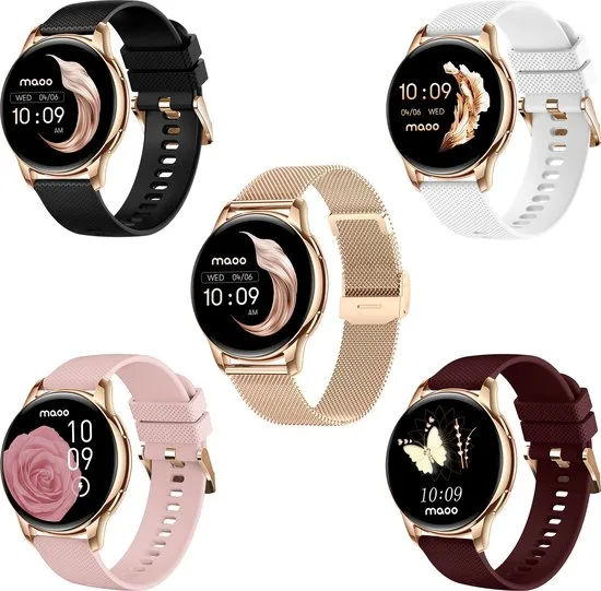 Maoo Ventura AMOLED Smartwatch Dames - RVS en 4x Siliconen Bandje - Stappenteller - Hartslagmeter - Slaapmonitor - Multisport - Geschikt voor Android en iOS - Rosé Goud en Roze - afbeelding 4