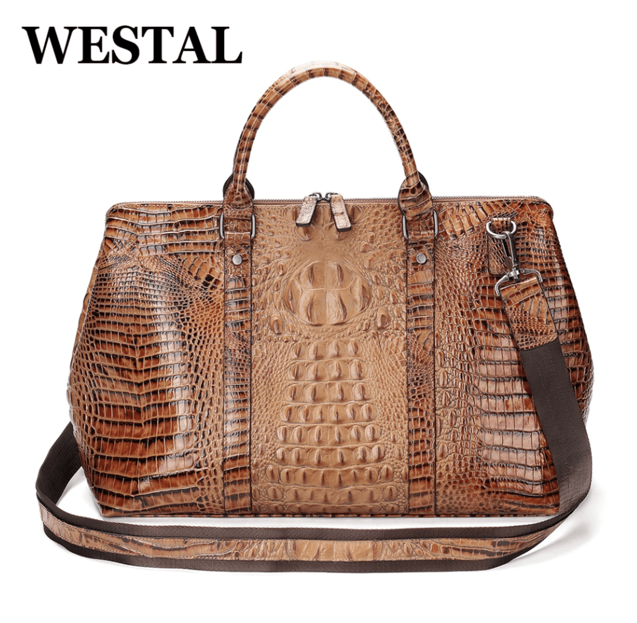 WESTAL Travel Bags Foldable Crocodile Skin Soft Cowhide Leather Business Weekend Duffel Bags Shoulder Bag Handbag Luggage Bag