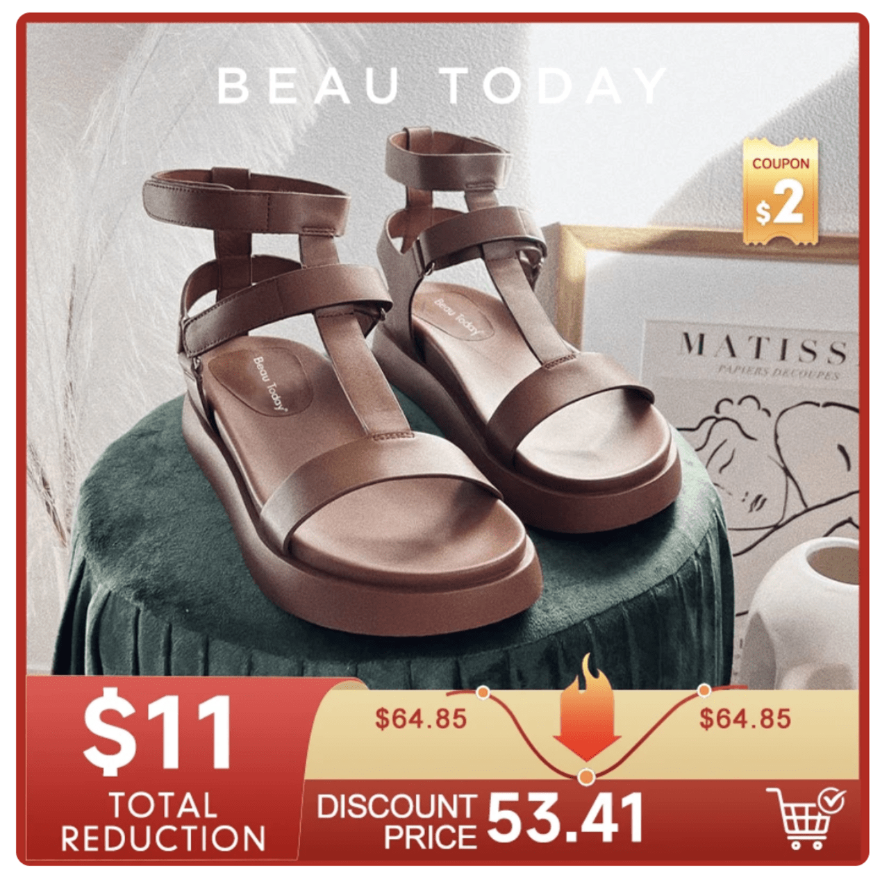 BeauToday Summer Gladiator Sandals Women Calfskin Leather Open Toe T-bar Strap Hook & Loop Summer Ladies Shoes Handmade 07130