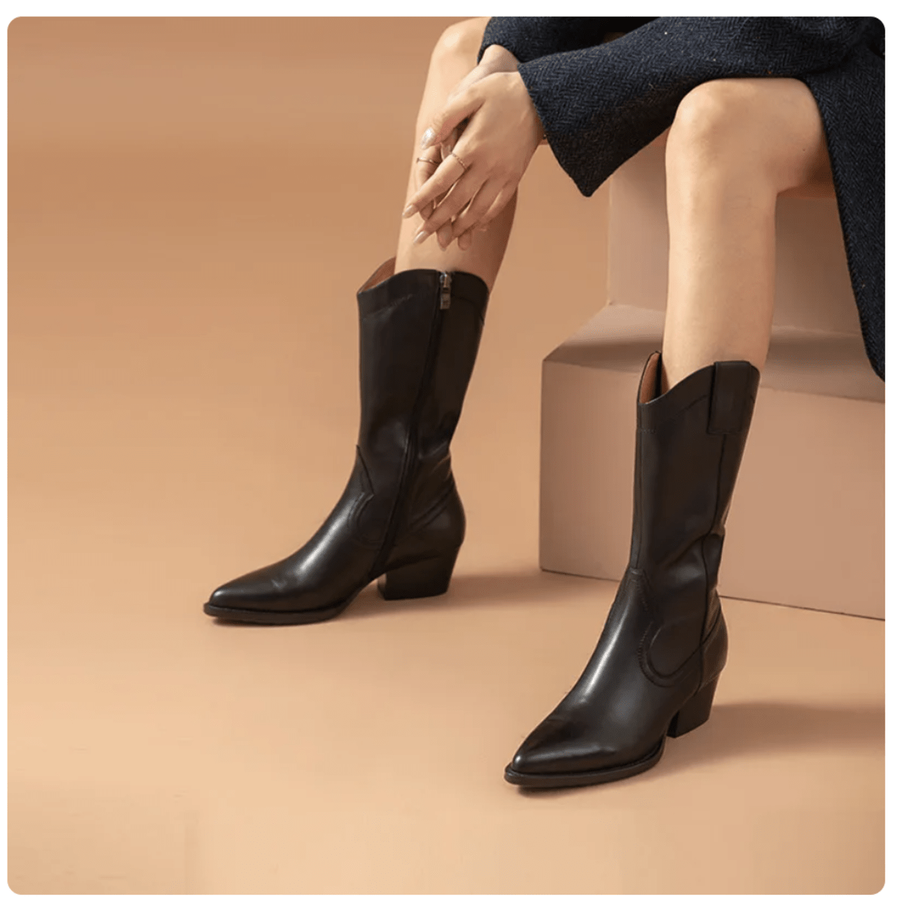 BeauToday Cowboy Boots Women Cow Leather Mid Calf Side Zip Pointed Toe Autumn Fashion Ladies Shoes Handmade 06106