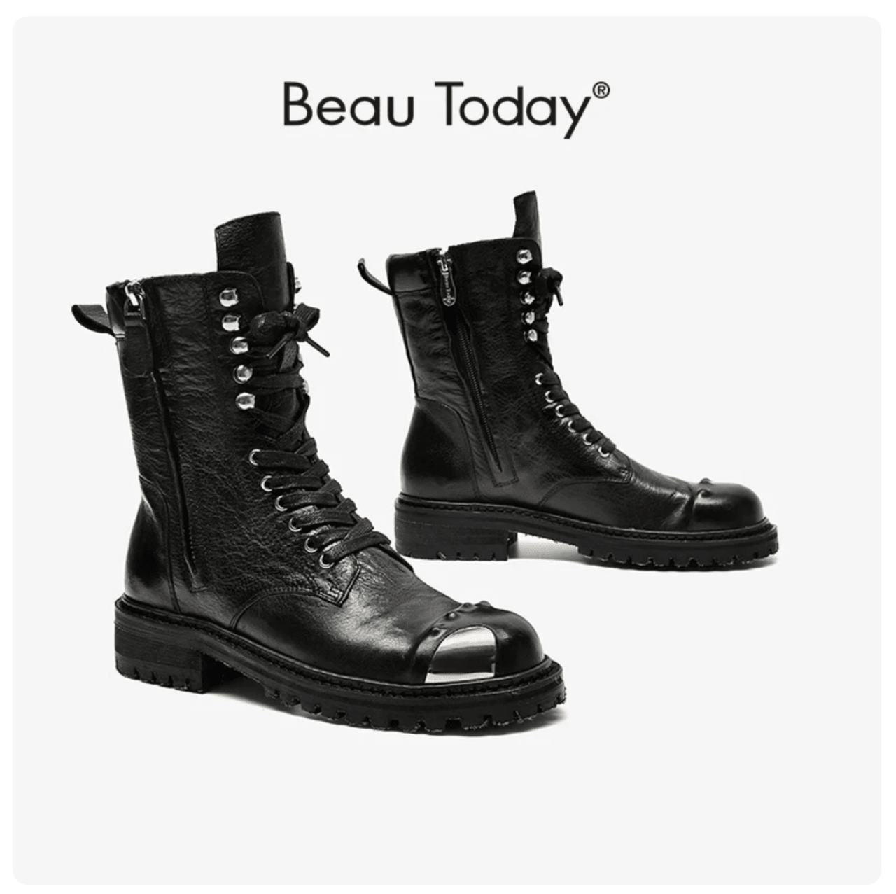 BeauToday Ankle Boots Women Horse Skin Cross Tied Round Toe Metal Design Retro Ladies Motorcycle Booties Handmade 02319