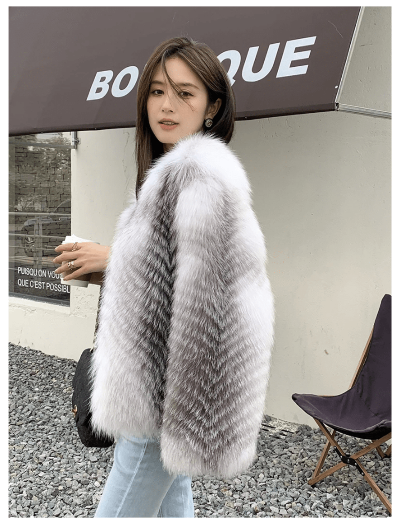 ANNSIRGRA 100% Genuine Silver Fox Fur Jacket For Women Real Fox Fur Coat V-neck Fashion Female Overcoat Luxury Outerwear Striped