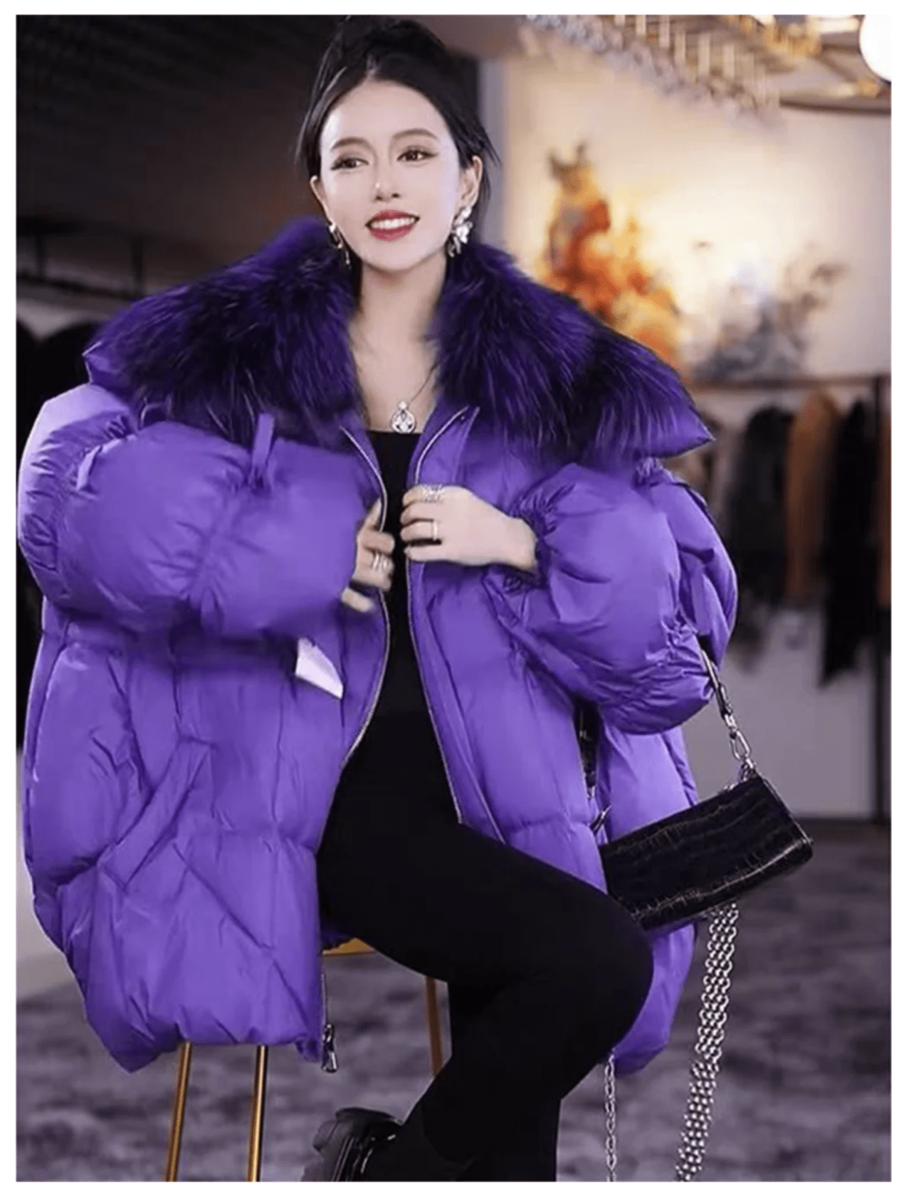 Xiaoxiangfeng Purple Jacket, Fashionable High-end Mid Length Thick and Loose Down Jacket With a Large Collar, Women's Winter New