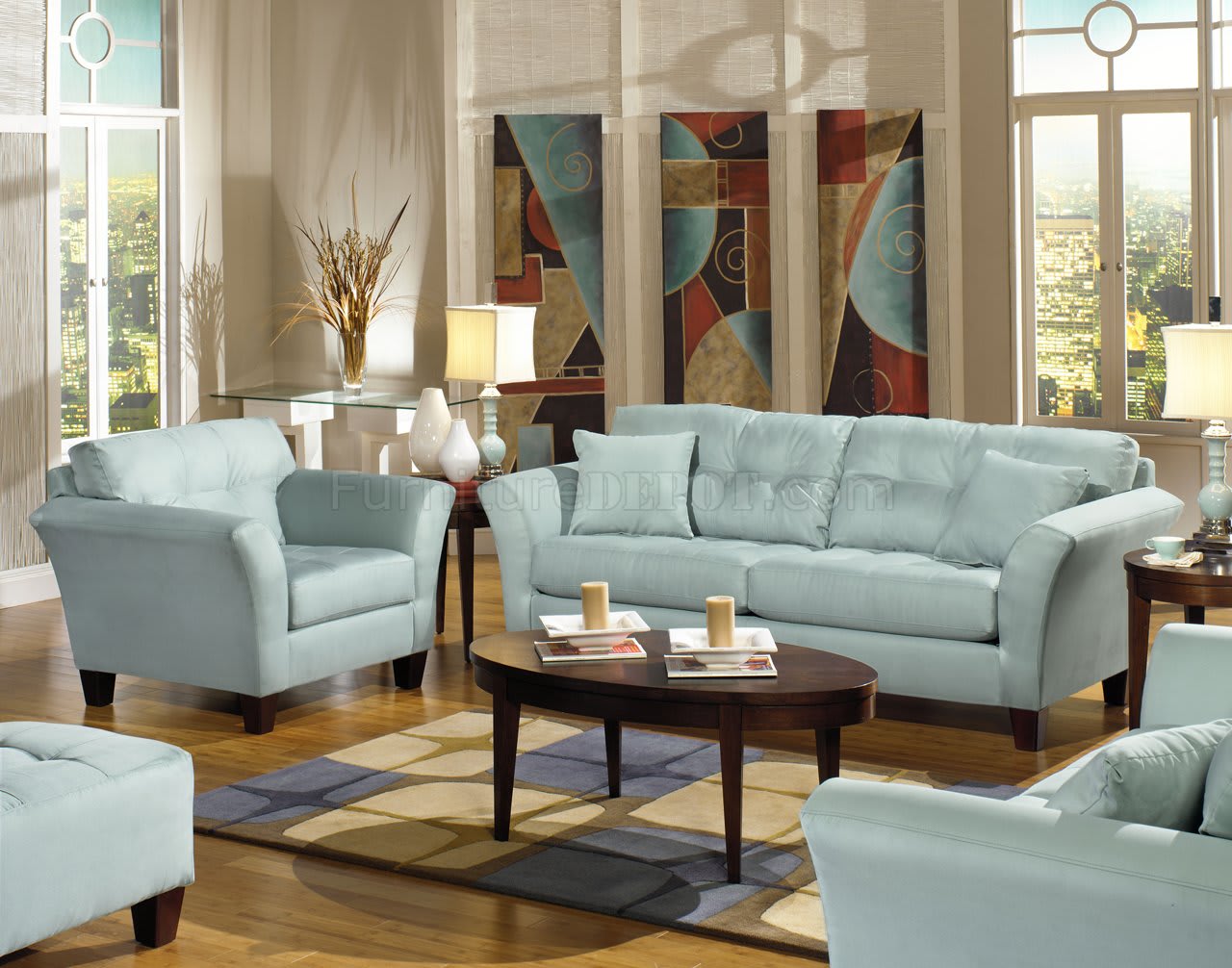 Light Blue Fabric Modern Sofa & Loveseat Set wWood Legs