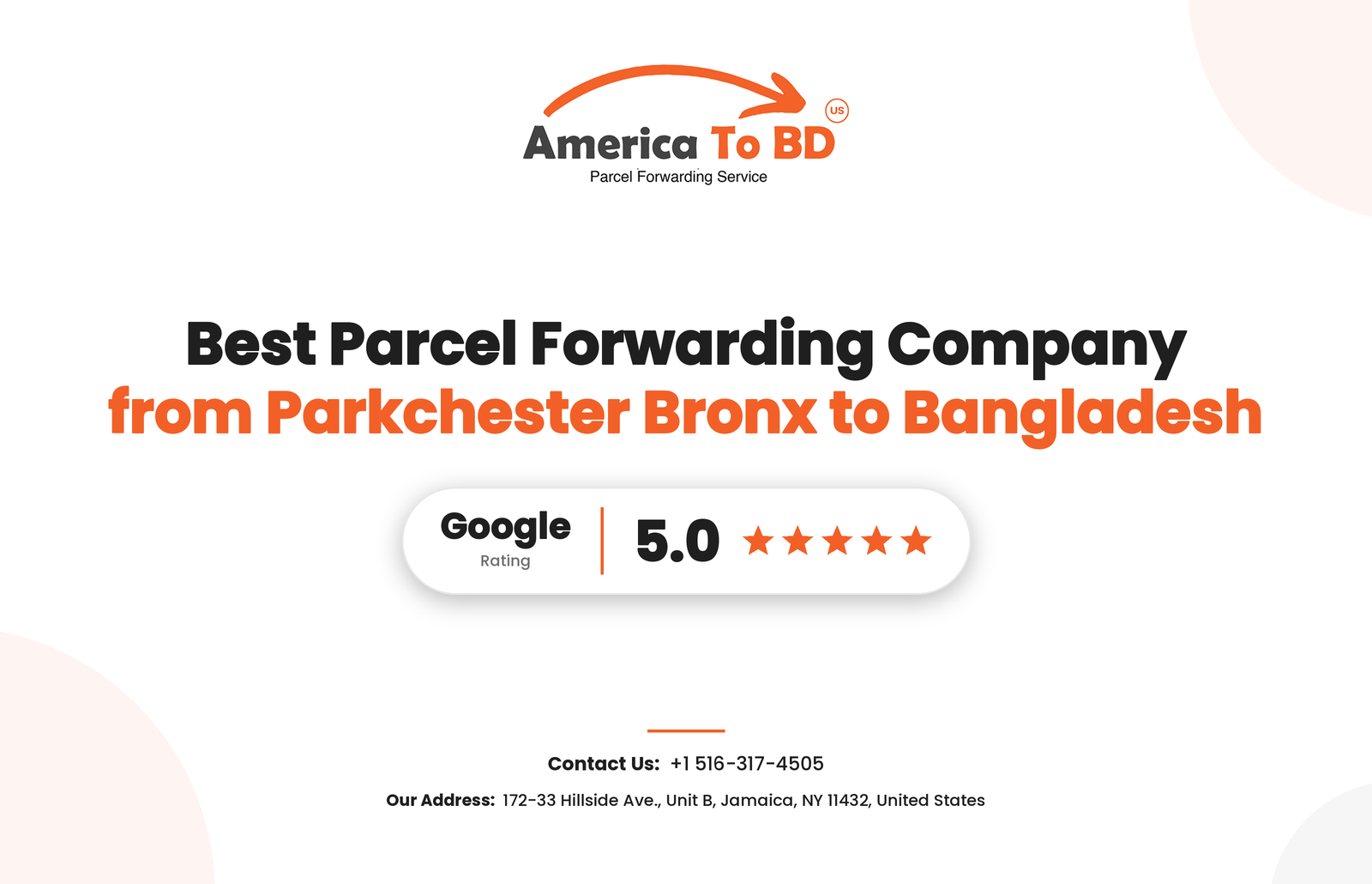 America to BD cover: Best Parcel Forwarding Company from Parkchester, Bronx to Bangladesh, with logo and US address footer