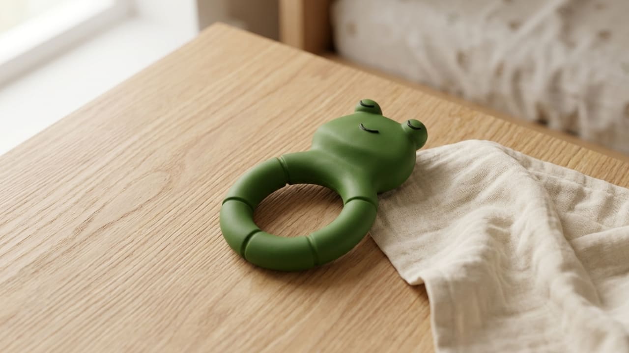 Прорезыватель в форме лягушки из натурального каучука лежит на деревянной поверхности рядом с мягкой муслиновой салфеткой.