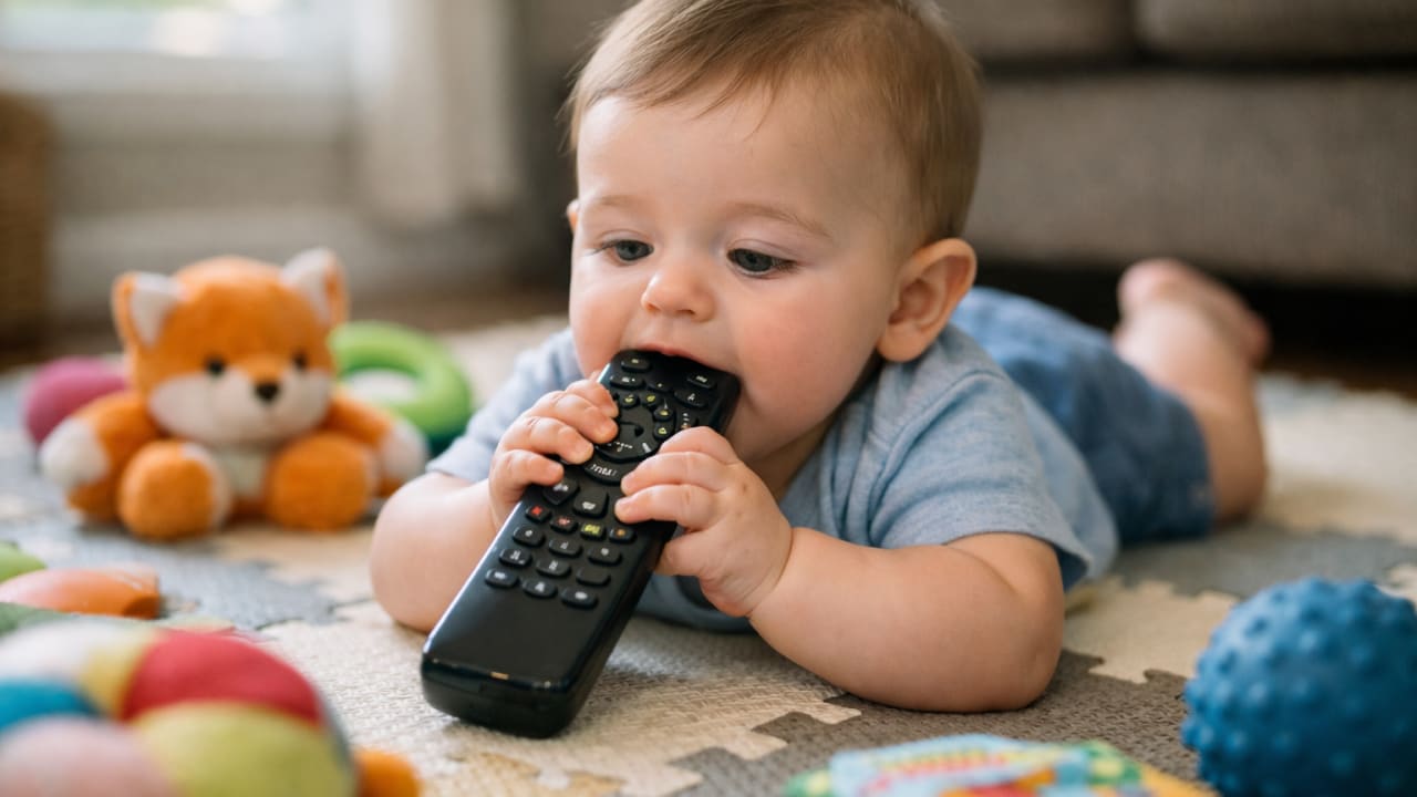 Младенец лежит на коврике и исследует ртом пульт дистанционного управления, пока вокруг лежат мягкие игрушки и сенсорные предметы.