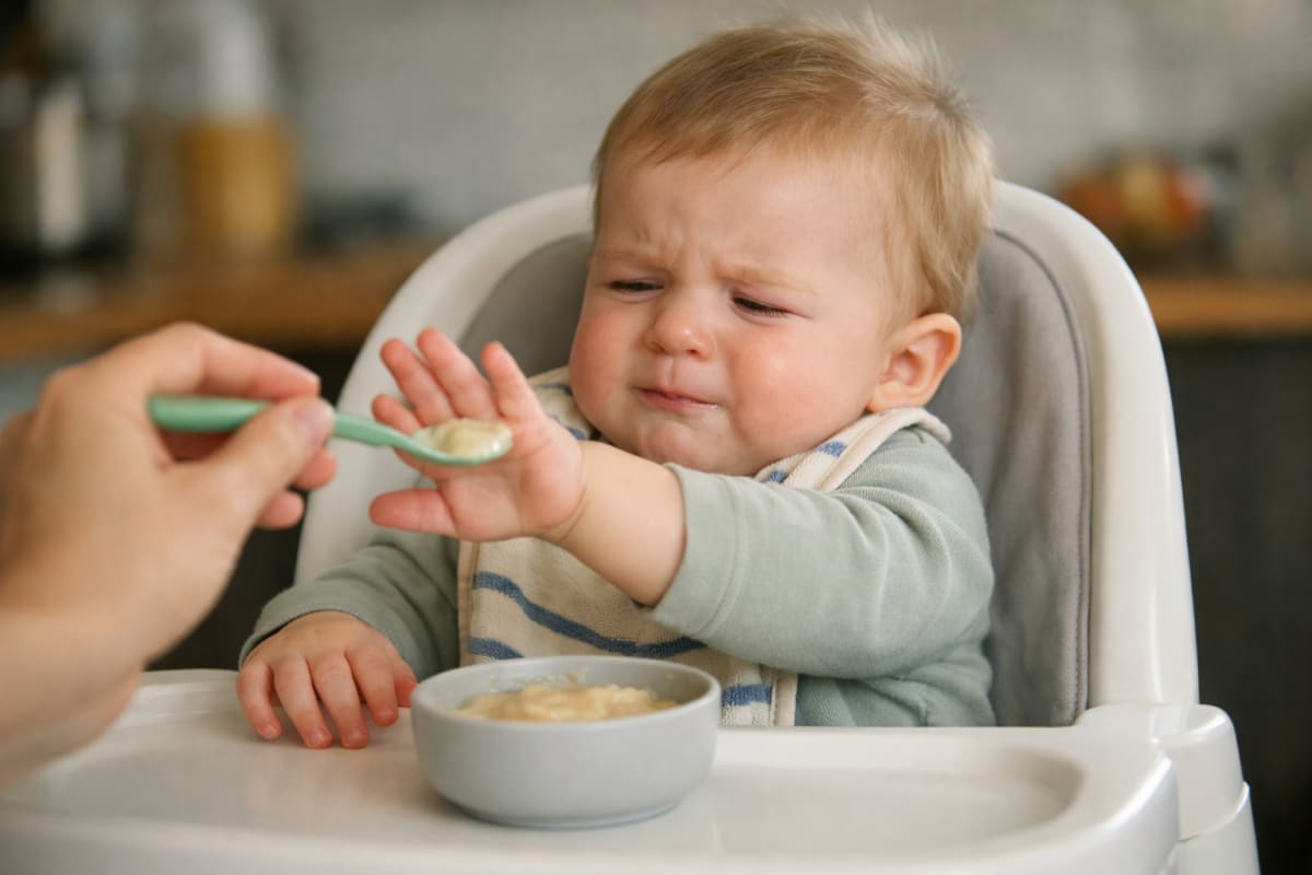 Расстроенный малыш в стульчике для кормления отталкивает ложку с едой из-за боли в деснах.