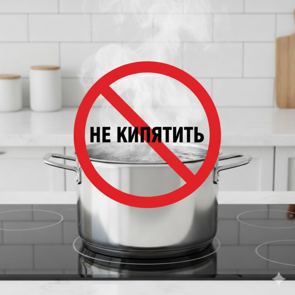 Стальная кастрюля с кипящей водой на плите, на которой расположен красный запрещающий знак 'НЕ КИПЯТИТЬ'. Изображение демонстрирует предупреждение о безопасности, четко указывающее на запрет кипячения, идеально подходит для образовательных материалов и инструкций по технике безопасности.