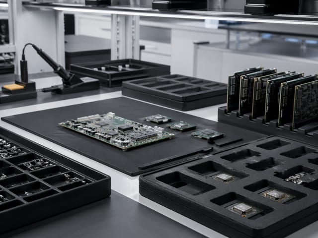 Elektronik üretim alanında devre kartları ve hassas bileşenler için, siyah ESD kontrollü kauçuk yüzeyler, ayırıcı tepsiler ve koruyucu yuvalardan oluşan yüksek teknoloji çalışma düzeni.