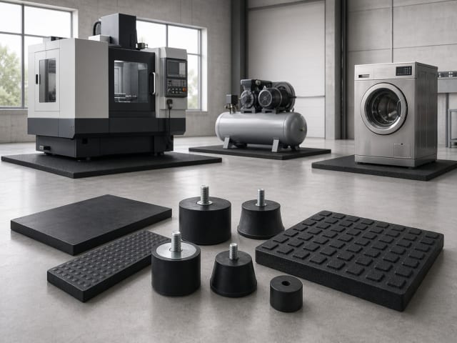 Endüstriyel üretim alanında CNC tezgahı, kompresör ve çamaşır makinesi altında konumlanan kauçuk pedler ile ön planda farklı form ve boyutlarda titreşim sönümleyici ayaklar; makine kaynaklı titreşimi azaltmaya yönelik teknik kauçuk çözümleri.