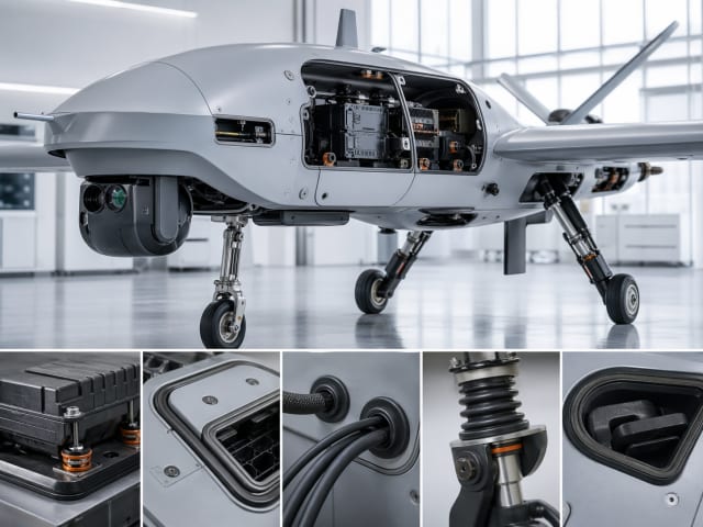 Hangar ortamında İHA/SİHA platformu üzerinde gövde içi ekipman bölmeleri, titreşim izolatörleri, sızdırmazlık contaları ve kablo geçiş elemanları gibi savunma sanayiine yönelik kauçuk-kompozit parça uygulamalarını gösteren teknik kolaj.