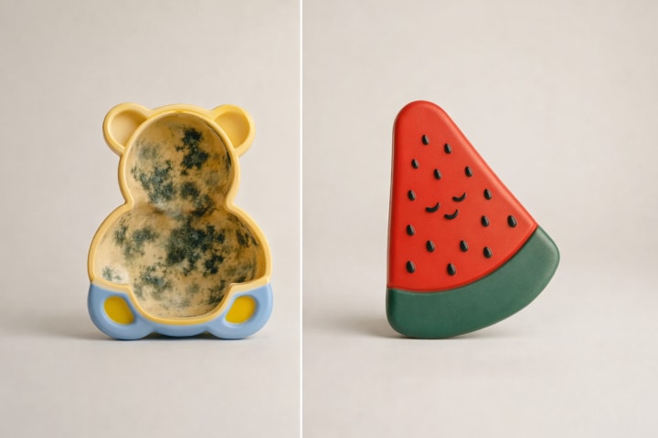 Ortadan ikiye kesilmiş içi küflü sıradan bir bebek oyuncağı ile tamamen deliksiz ve güvenli Hubble doğal kauçuk diş kaşıyıcısının yan yana karşılaştırması.