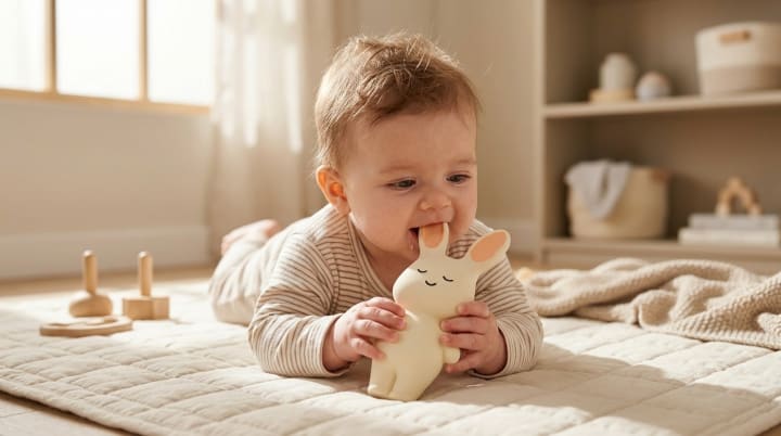 Oyun halısında yatan bebek, kumandayı ağzına götürerek oral dönemde nesneleri keşfediyor.