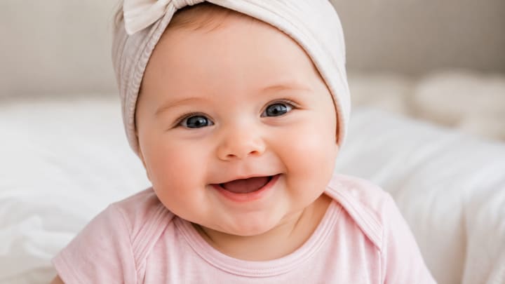 Dişleri henüz çıkmamış, pembe kıyafetli ve beyaz saç bantlı tatlı bir bebeğin gülümseyen portresi.