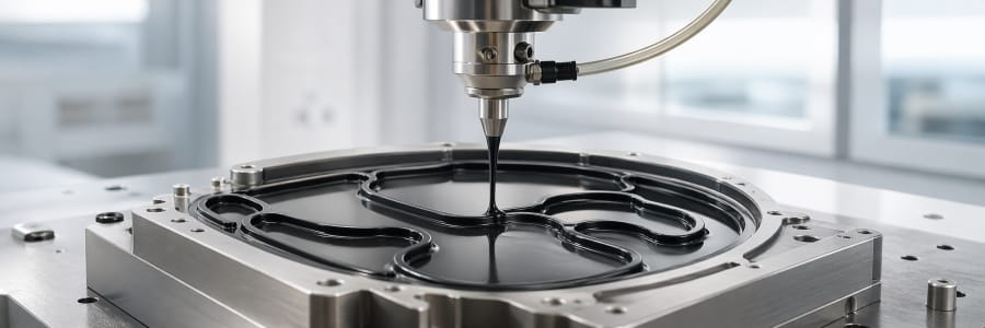CNC kontrollü dozaj başlığıyla metal kalıp kanallarına uygulanan siyah sıvı Viton (FKM) malzeme; hassas yüzey ve geometri gereksinimlerine yönelik teknik üretim sahnesi.