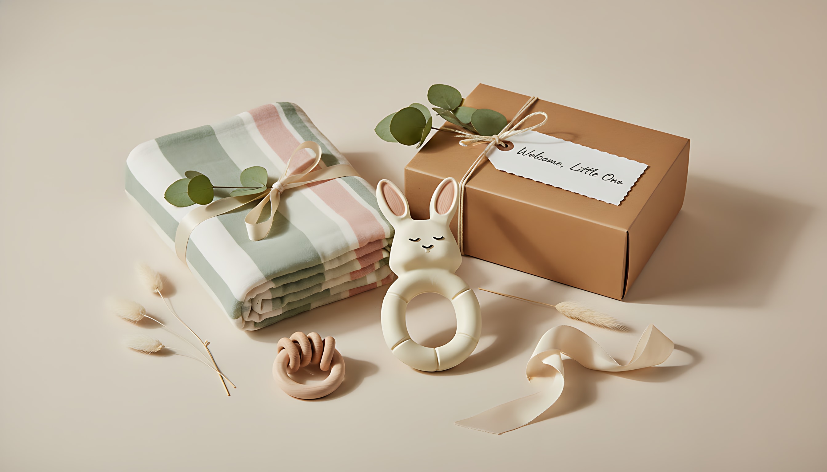 Подарочный набор для новорожденного: прорезыватель-зайчик, мягкий полосатый плед и деревянное кольцо рядом с крафтовой коробкой с надписью "Welcome, Little One".