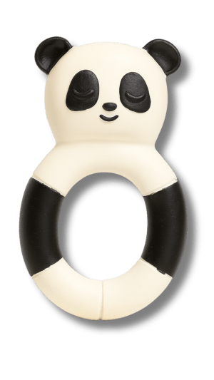 Siyah beyaz panda tasarımlı, %100 doğal malzemeden üretilmiş bebek diş kaşıyıcı.
