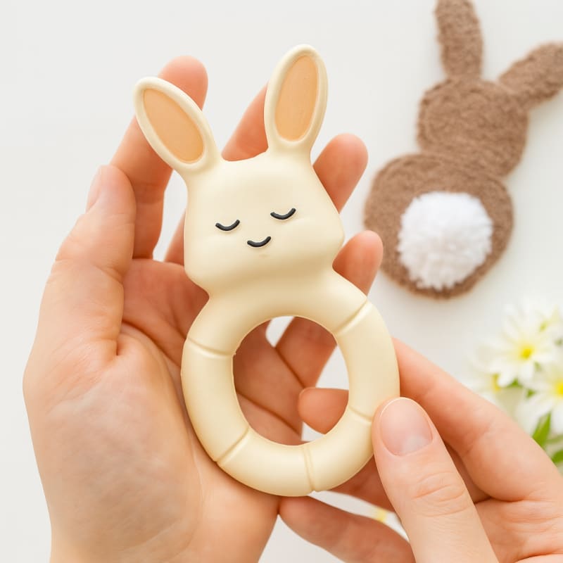 Ebeveyn elinde tutulan halka tasarımlı tavşan diş kaşıyıcı ve arka planda örgü dekor.