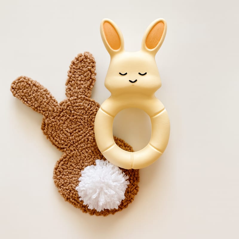 Kahverengi örgü tavşan figürü üzerinde duran krem rengi doğal kauçuk diş kaşıyıcı.
