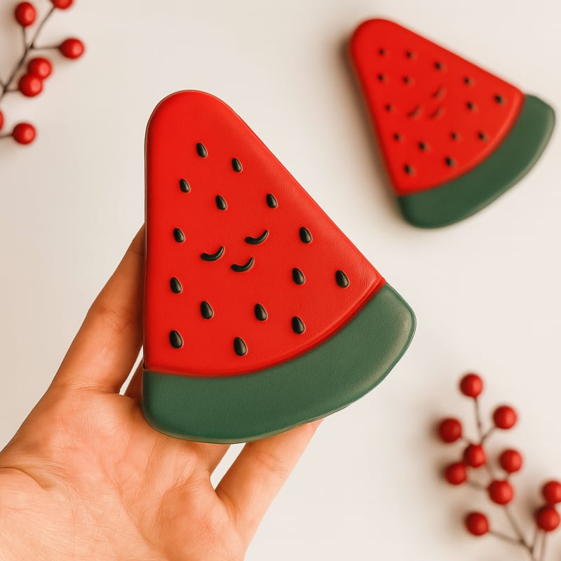 Tek elle tutulan, çekirdek detaylı ve gülen yüzlü kırmızı karpuz bebek diş kaşıyıcı.