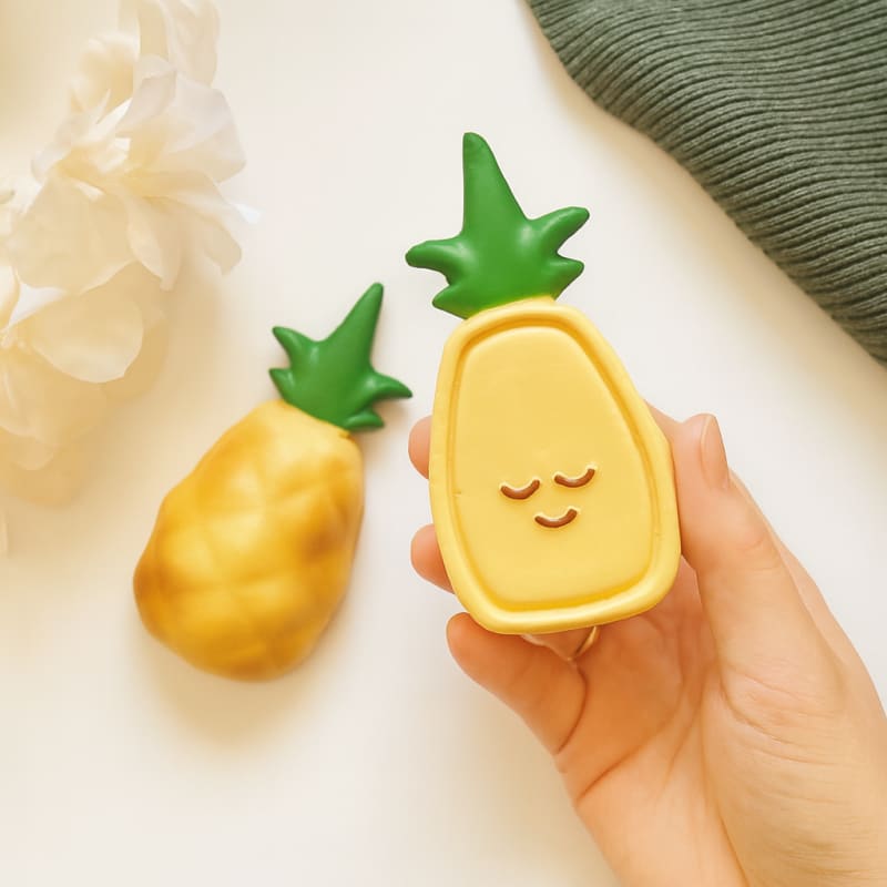 Hubble ananas diş kaşıyıcının gülen yüzlü pürüzsüz ön yüzü ve arka planda görünen masaj etkili pütürlü dokulu arka yüzeyi.