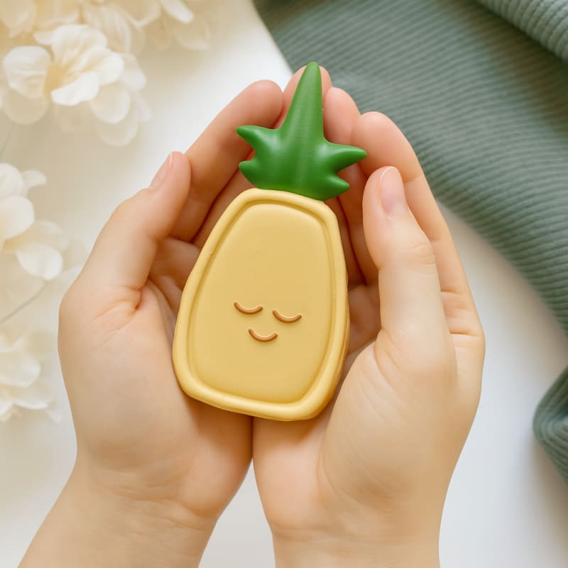 İki avuç içinde nazikçe tutulan, sarı renkli ve sevimli gülen yüz ifadesine sahip ananas şekilli bebek diş kaşıyıcı oyuncağı.
