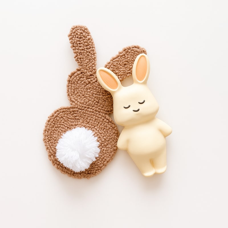 El yapımı örgü tavşan figürü ile yan yana duran, doğal kauçuktan üretilmiş krem rengi tavşan bebek diş kaşıyıcı; uyumlu renklerde doğal oyuncak seti.