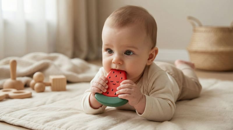 Oyun halısında yüzüstü yatan bebek, elindeki Hubble doğal kauçuk diş kaşıyıcıyı inceliyor ve dokusunu keşfediyor.