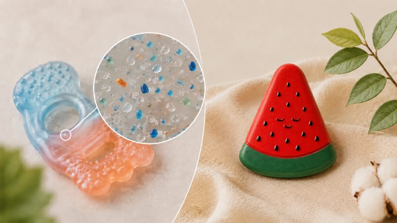 Mikroplastik riski taşıyan plastik diş kaşıyıcı ile doğal kauçuk karpuz diş kaşıyıcısının karşılaştırması.