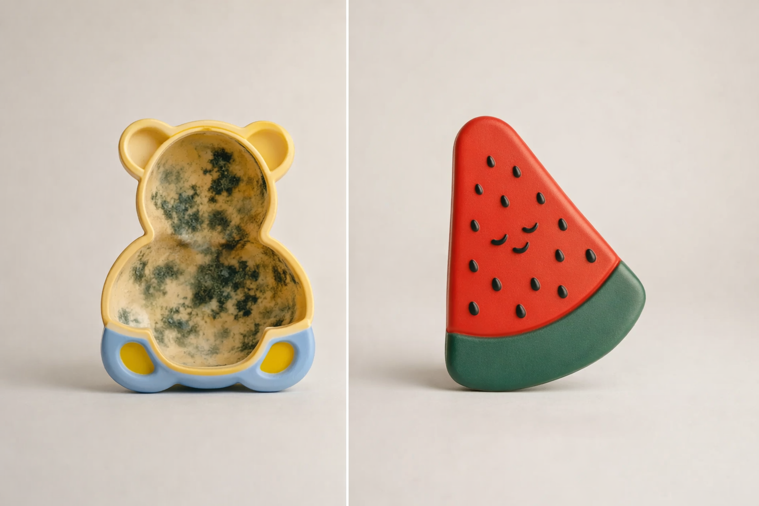 Сравнение разрезанной пополам обычной детской игрушки с плесенью внутри и абсолютно безопасного прорезывателя Hubble из натурального каучука без отверстий.