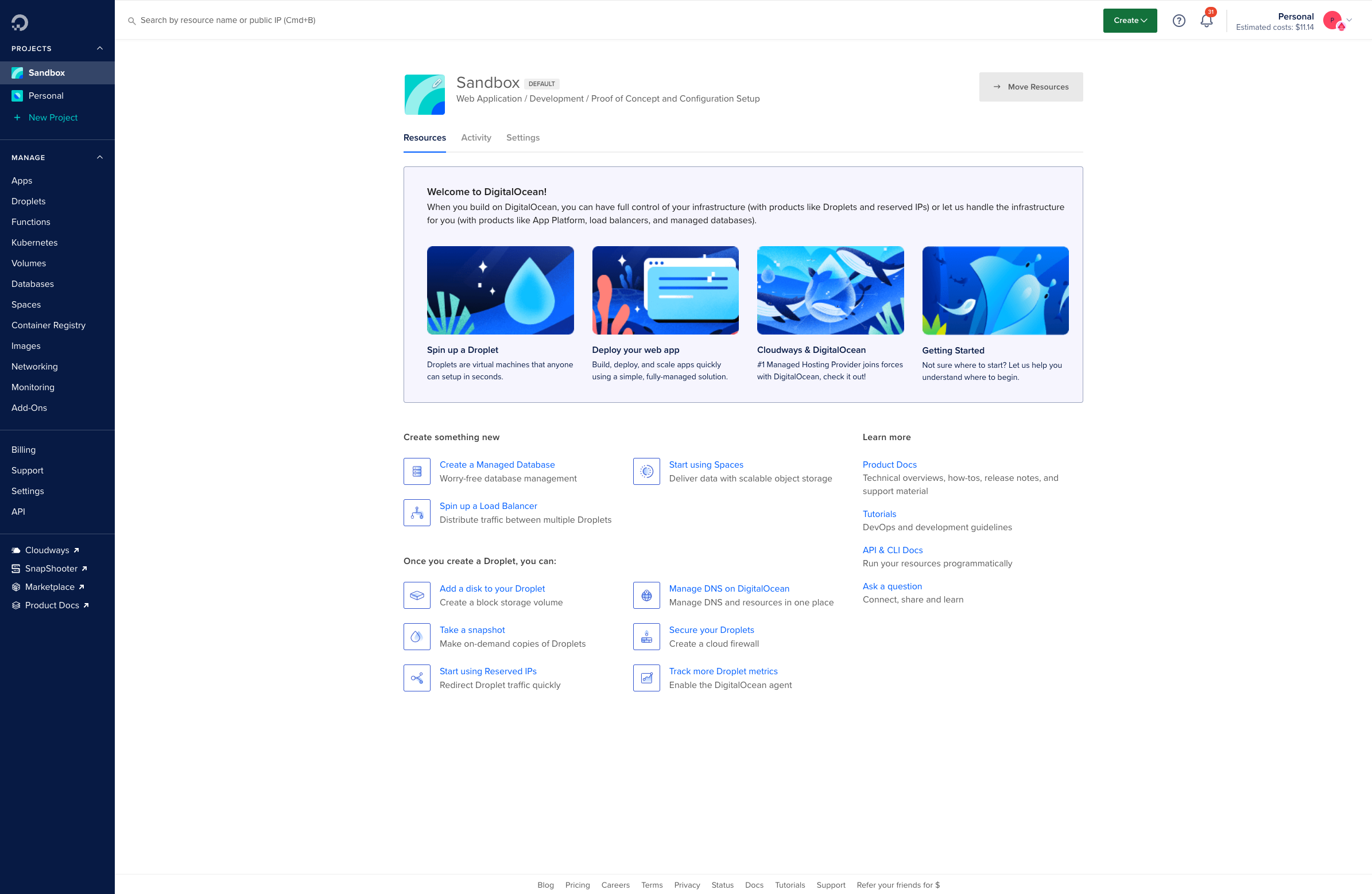 Digital Ocean Main Dashboard