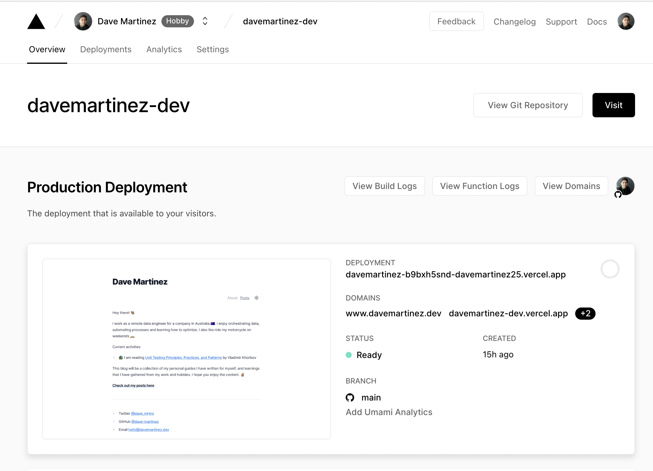 Vercel Dashboard for davemartinez.dev