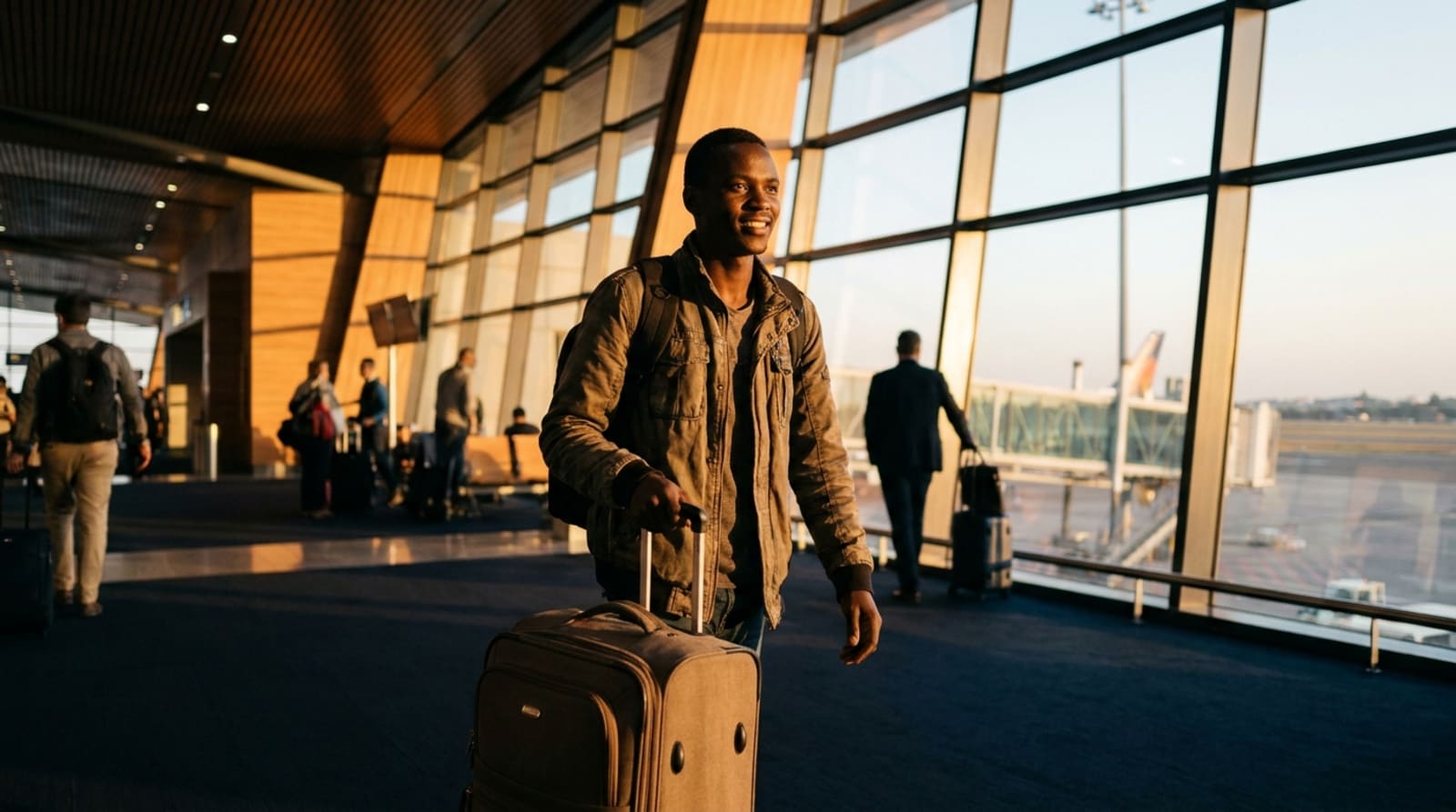 A hopeful traveller at the airport, ready to depart